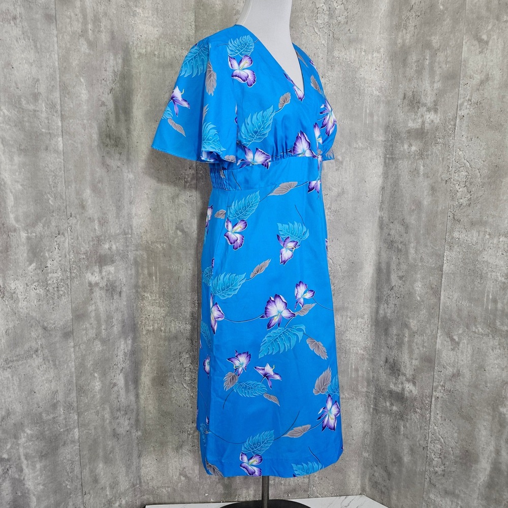 Vintage Darina Honolulu Hawaiian Dress Blue Floral Tropical Midi Made Hawaii - Picture 5 of 10